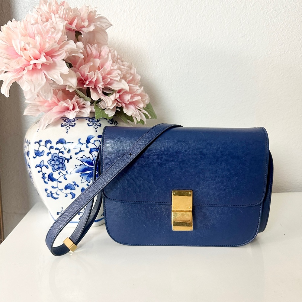Celine medium box bag in blue and leige leather